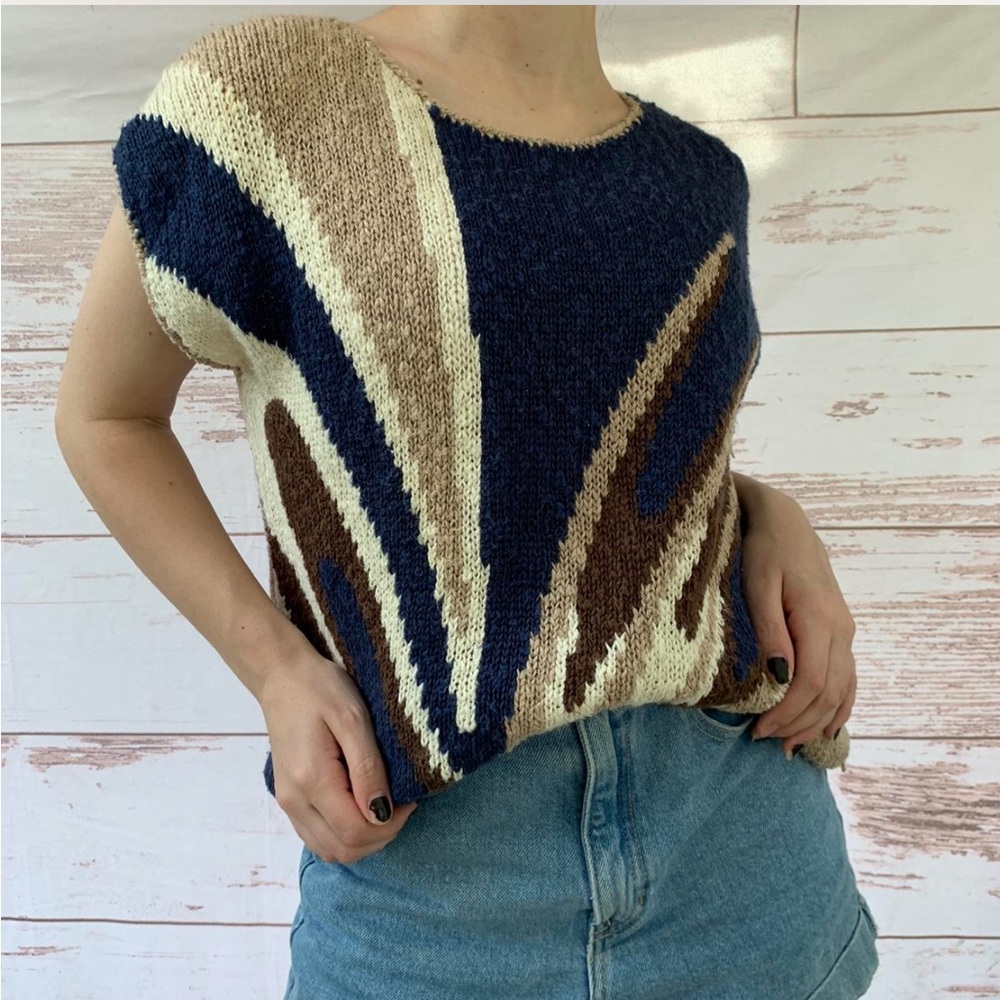 Vintage 90s Worthington lightweight cotton ramie Beige and Navy Knit Sweater